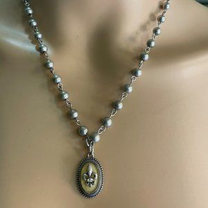 Metal charcoal beaded Feur de Lis necklace and earrings set